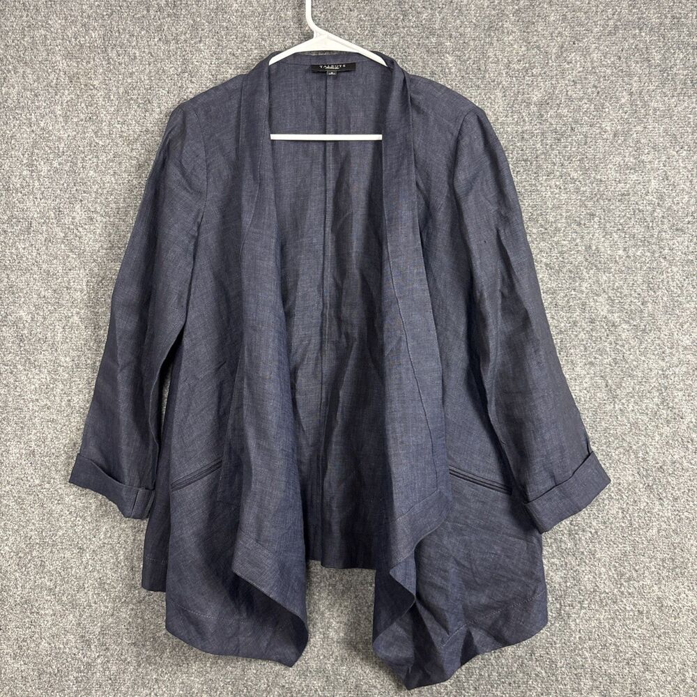 Talbots Linen Blazer Jacket Womens Size 8 Blue Open Waterfall Drape Topper